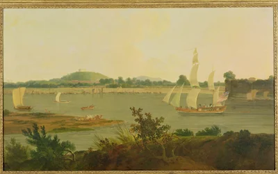 Pinnace seglar nerför Ganges förbi Monghyr Fort, ca 1791